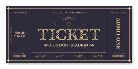 Universal vintage ticket template with golden text on a dark background. For excursion routes, retro parties, clubs and other projects. Just add your own text. Vector, can be used for printing.