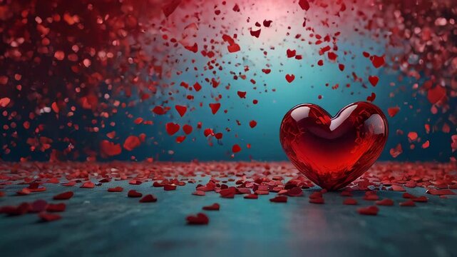 Red heart surrounded by falling heart shapes on a blue background during a romantic celebration