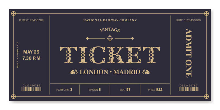 Universal vintage ticket template with golden text on a dark background. For excursion routes, retro parties, clubs and other projects. Just add your own text. Vector, can be used for printing.