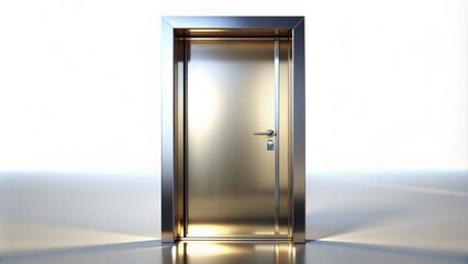 A shiny metallic door with a sleek modern design stands isolated on a white background, rendered in 3D with detailed reflective surfaces.