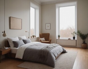 Fototapeta premium A minimalist bedroom interior featuring a bed with grey bedding, large windows providing natural light, and simple decor elements like a wooden chair and potted plants. The room has a calm, serene atm