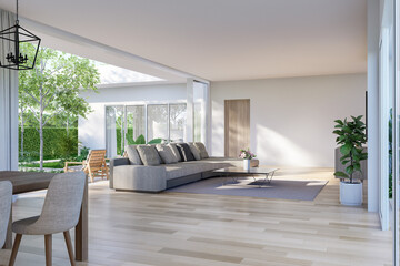 Modern contemporary style white living room with garden view 3d render, The Rooms have wooden floors ,decorated with gray fabric furniture, There are large open door Overlooking nature view background