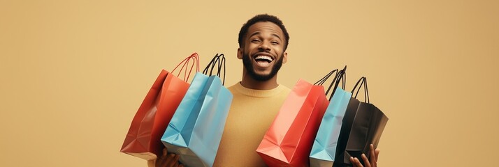 Happy shopper with Black Friday bags, a couple of different ethnicities enjoying Black Friday sales, and an excited shopper holding discounted items