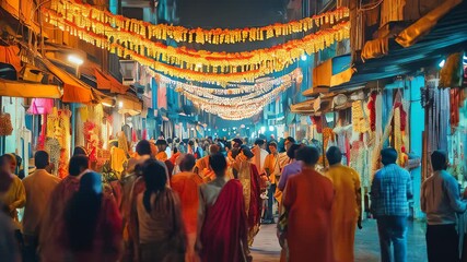 Vibrant street market during Diwali celebration, colorful decorations and cultural traditions, Indian festival atmosphere at night