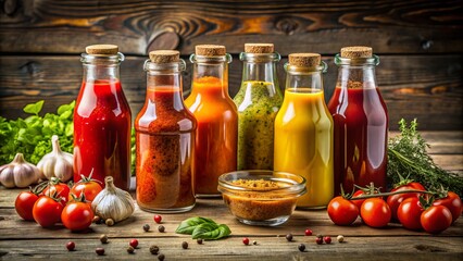 Assortment of colorful condiments including ketchup, mustard, relish, and hot sauce in glass bottles with ornate labels and decorative caps on a rustic wood table.