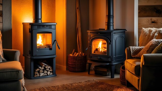 Warmly lit cozy living room with rustic wood-burning stoves in evening ambiance