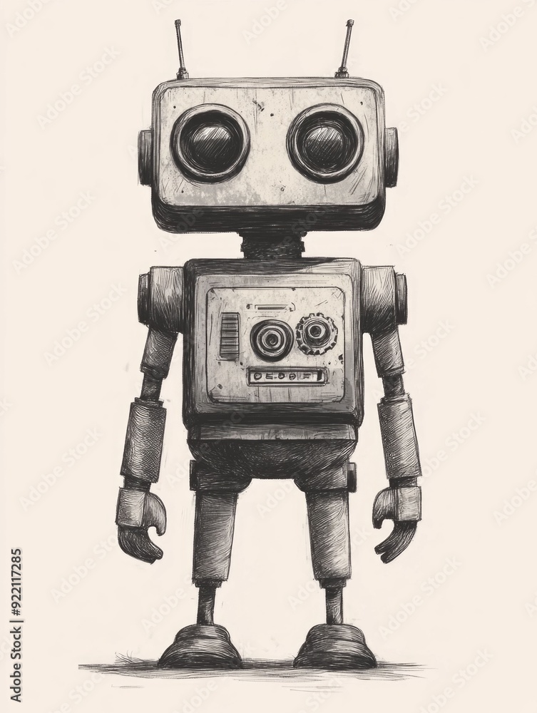 Poster Vibrant doodle of a quirky whimsical mechanical robot character with various gears gadgets and other futuristic technological elements  Featuring a playful stylized design with a retro futuristic