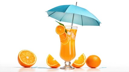 A vibrant glass of ice-cold orange juice, decorated with a blue umbrella and surrounded by fresh oranges, symbolizing freshness and a tropical escape