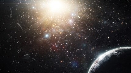 Obraz premium A Distant Star System with a Bright Sun and Planets