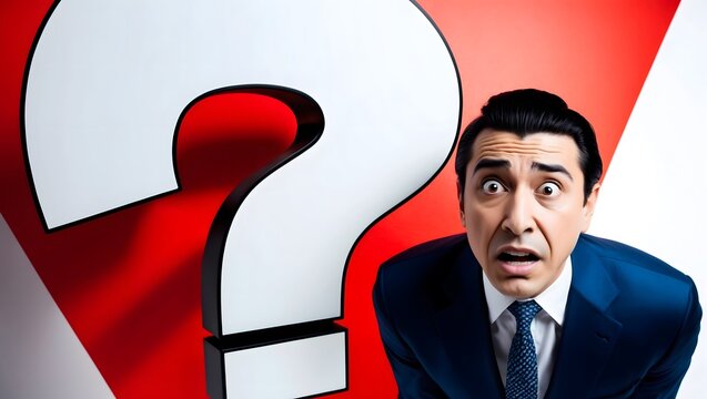 Businessman in suit with confused expression, large question mark in vibrant red background