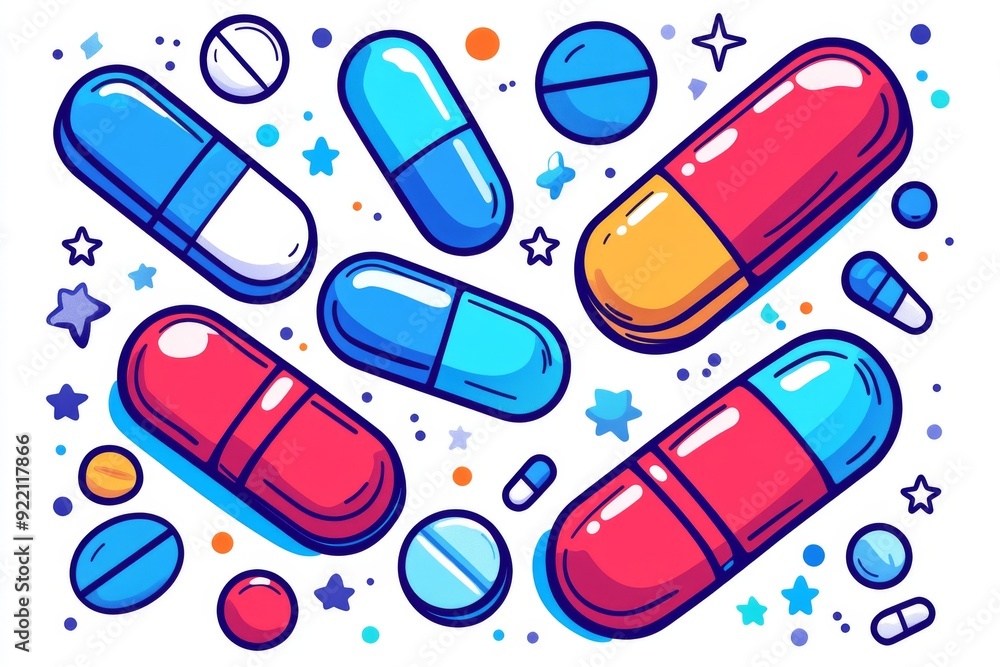Poster vibrant capsules orbiting in space with stars and sparks background