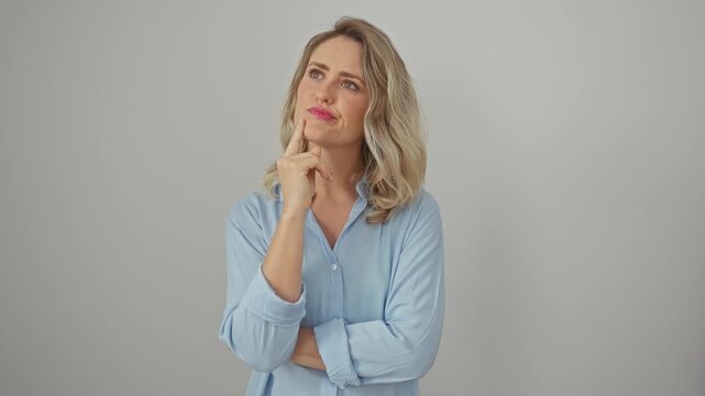 Blonde beauty in shirt, chin in hand, pensive yet cheery, mulling over a puzzling question. isolated on white, this thoughtful young woman's face reads 'doubt'. what's she pondering?