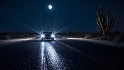 Car with bright headlights on a deserted desert road under a full moon night sky