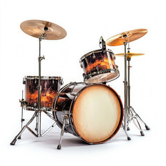 Black drum kit with cymbals isolated on white background