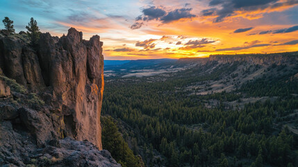 Naklejka premium Dramatic golden sunset paints Arizona's iconic canyon landscape with fiery hues, casting long shadows on rugged rock formations