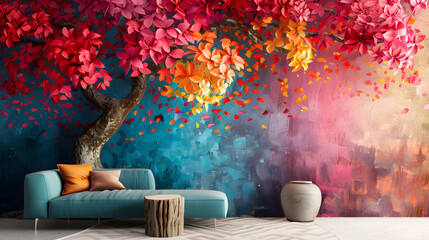 Elegant colorful tree with vibrant leaves hanging branches. Bright color 3d abstraction wallpaper for interior mural painting wall