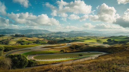 A panoramic view of a racetrack surrounded by rolling hills and open sky, offering a sense of freedom and adventure