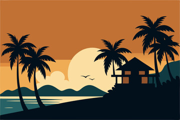 Obraz premium Tropical island and beach house silhouette clipart black and white vector art style illustration