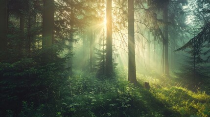 Fototapeta premium A peaceful forest with sunlight streaming through the trees, representing growth, vitality, and success