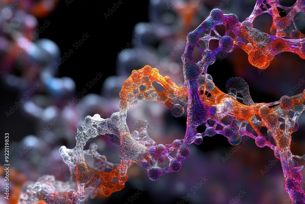 Poster abstract representation of dna strands intertwining and forming complex shapes, rendered with vibran