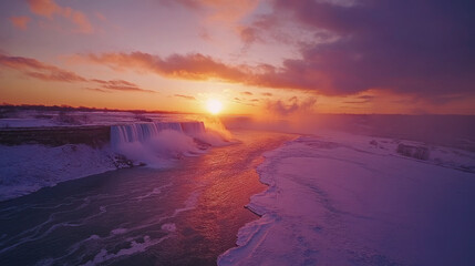 Golden sun paints vibrant sky, casting warm glow over tranquil ocean waves, distant mountains silhouetted against breathtaking horizon