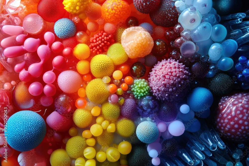 Poster artistic representation of diverse nanomaterials depicting a vibrant microscopic world, capturing a 