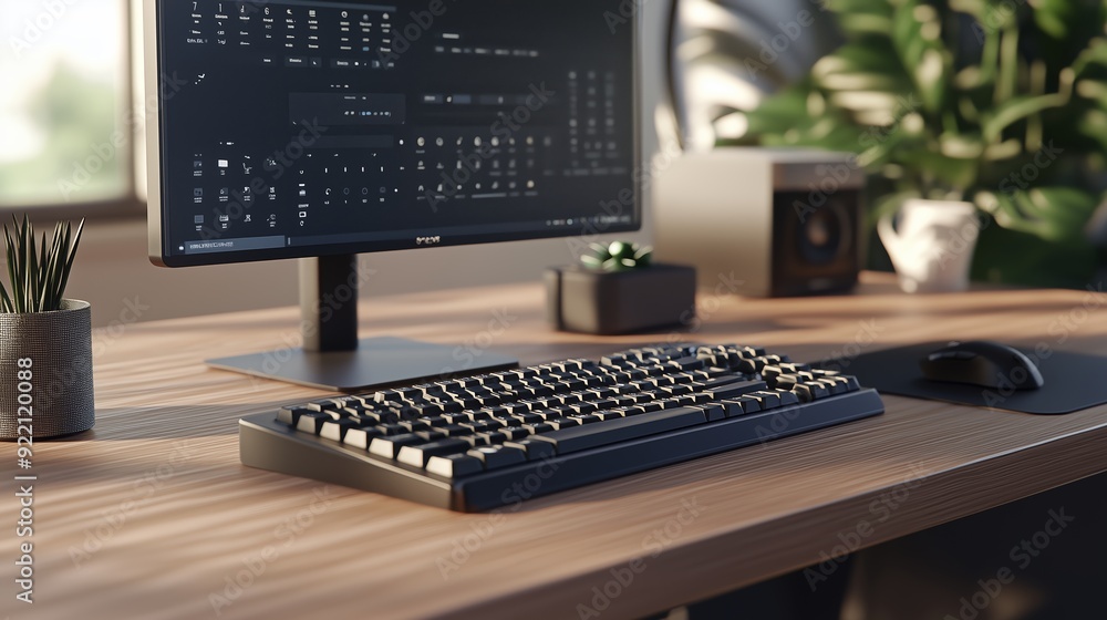 Poster a modern workspace featuring a sleek monitor, mechanical keyboard, and mouse on a wooden desk with a