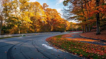 Obraz premium A racetrack surrounded by colorful autumn foliage, capturing the contrast between the vibrant leaves and the asphalt lanes