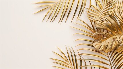 Fototapeta premium Luxurious gold palm leaves on a white background. Isolated and minimal, perfect for summer, weddings, or botanical-themed designs. A modern, tropical pattern with a stylish, trendy vibe.