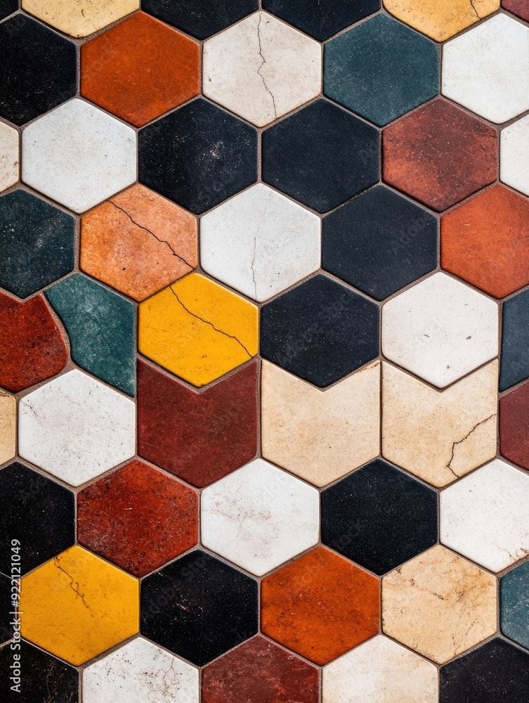 Poster precisely crafted digital art featuring a tessellation of interconnected hexagons and triangles crea