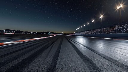 A racetrack under the clear night sky, illuminated by bright floodlights and casting long shadows across the surface