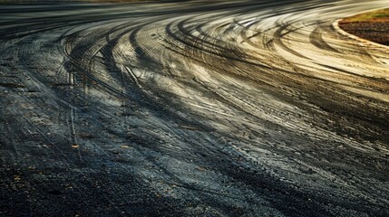 A racetrack with fresh tire marks and skid marks, evidence of intense racing action and competition