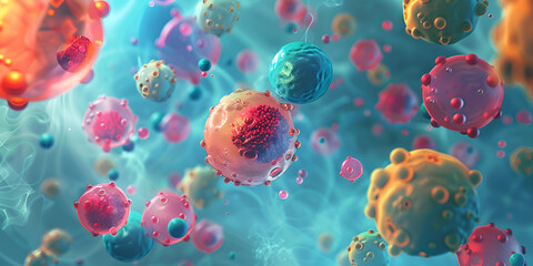 Colorful Cells in Dynamic Motion in Abstract Scientific Visualization of Biological Matter, viral attack on normal cells, bacterial colony, microscopic view of diseased cell