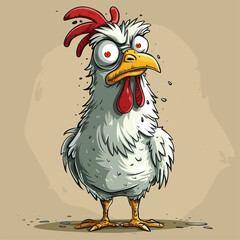 Cartoon chicken looking surprised with wide eyes.
