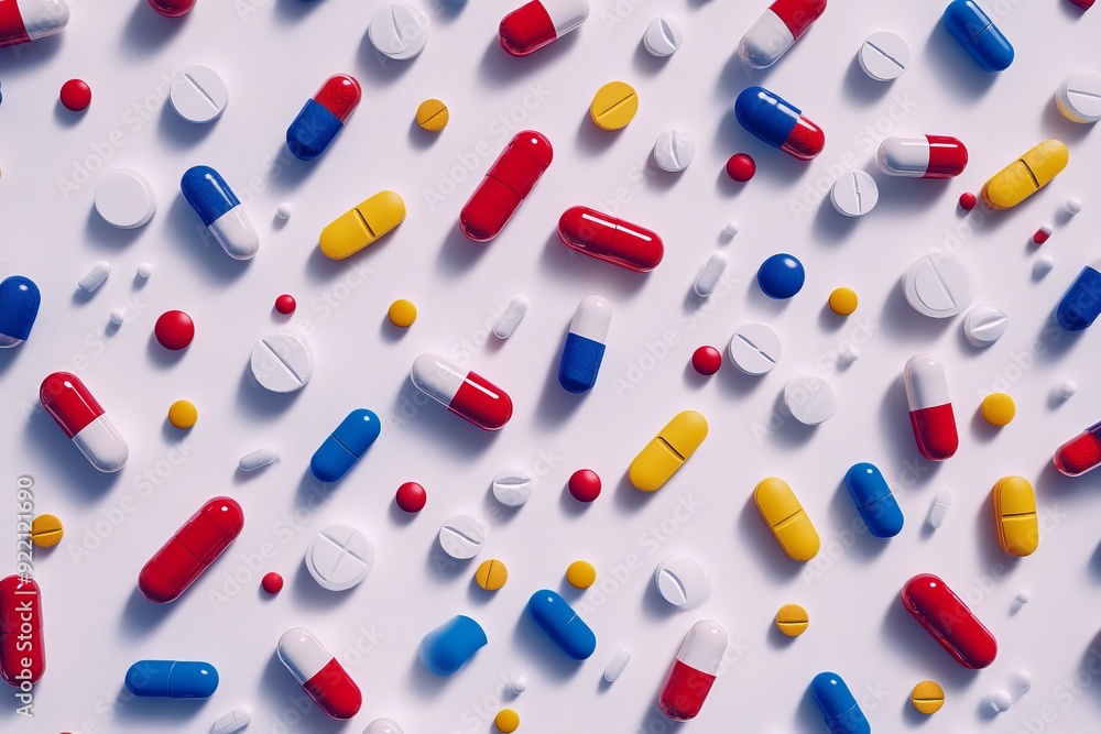Poster an abstract pattern of colorful capsules and tablets spread across a surface capturing the chaotic y