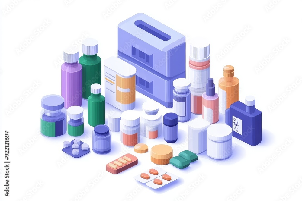 Poster a comprehensive collection of pharmaceutical bottles pills and capsules displayed in a clinical sett