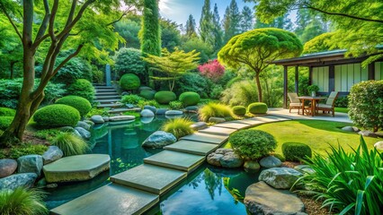 Celadon Serenity Garden: Tranquil greenery, soft blues and greens, calming atmosphere, meditative steps