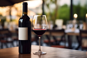 Template of bottle of red wine with wine glasses with red wine on table