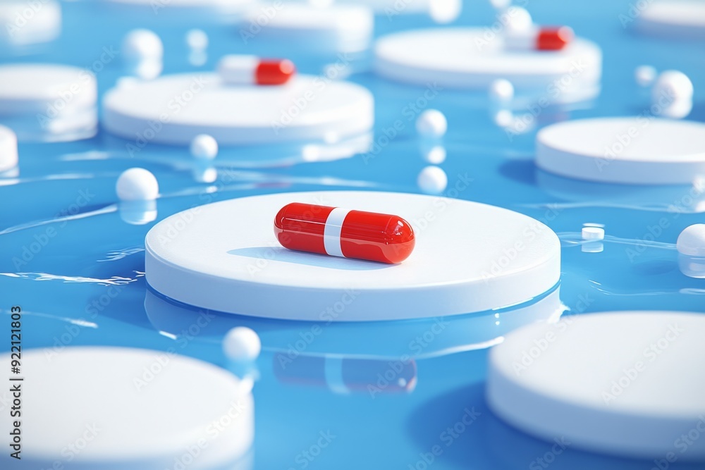 Poster a futuristic and clean depiction of a single red capsule on a white circular platform surrounded by 