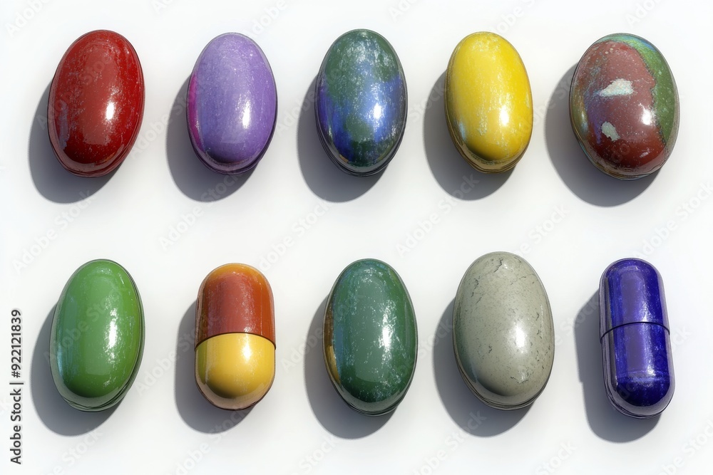 Poster an artistic display of oval shaped capsules in various vibrant colors arranged in a grid pattern on 