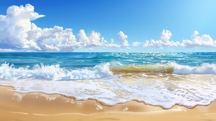 A serene beach background with soft waves lapping at the shore, golden sand, and a clear blue sky dotted with fluffy clouds