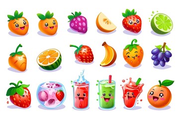 colorful and cute fruit characters and drinks set in a playful and vibrant design for children's illustrations and creative projects
