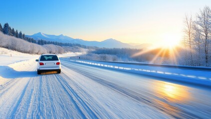 A white SUV driving on the road in winter snow