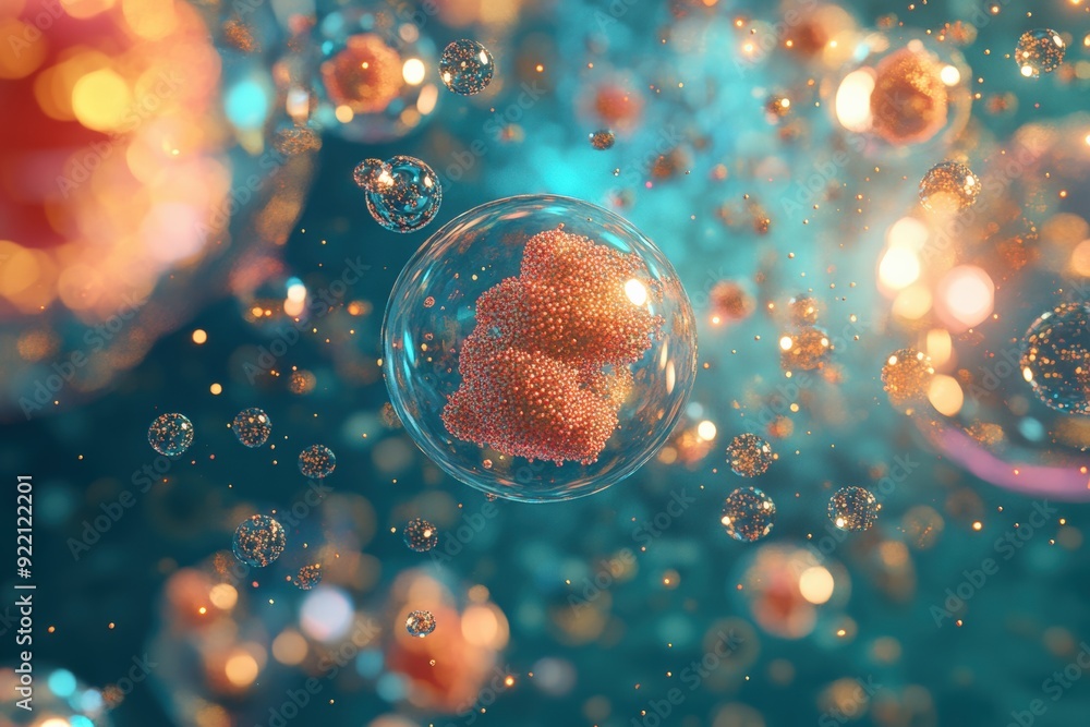 Poster scientific visualization of nanomaterial toxicity in a cell, depicting the interaction of nanopartic