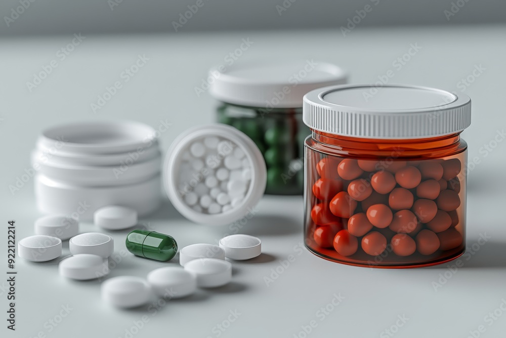 Poster a realistic close up of various pharmaceutical containers and a scattered pill on a light surface em
