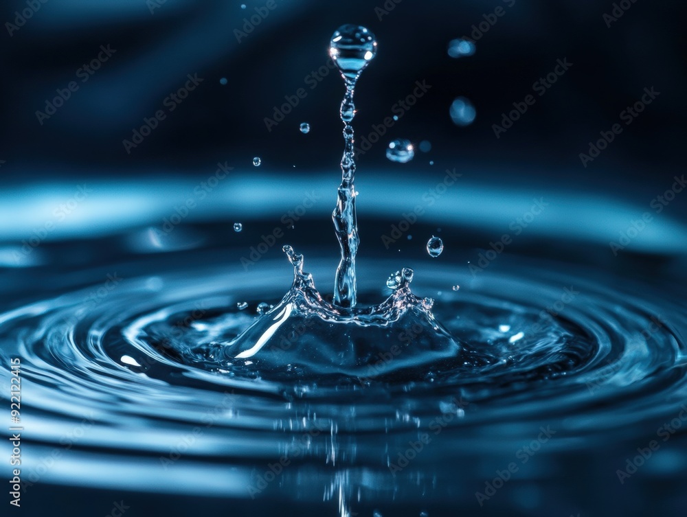 Aufkleber water drop splashing and creating concentric ripples on a blue surface