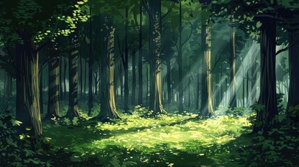 A serene forest background with tall trees and dappled sunlight filtering through the leaves, creating a peaceful setting