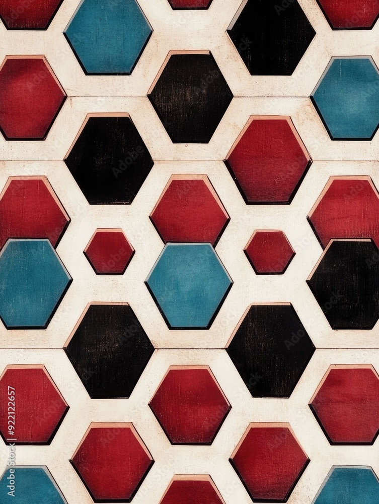 Poster mesmerizing and visually striking symmetrical pattern featuring overlapping hexagons creating an int