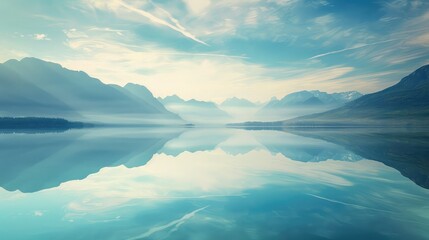 Obraz premium A serene lake reflection background with mountains mirrored in the water under a soft morning light
