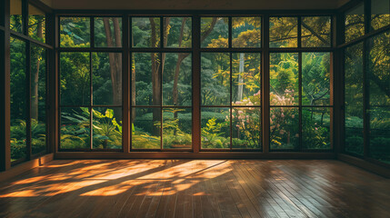Sun-Drenched Tranquility: A serene sunroom bathed in golden light, overlooking a lush green forest, offering a peaceful escape into nature. 